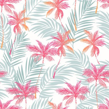 Gri palmiye yaprakları üzerinde soyut neon hindistan cevizi ağaçları. Tropik palmiye ağaçları, yaprak siluetleri tekrar eder. Yaz tasarımı için vektör sanat çizimi, çiçek desenleri, egzotik duvar kağıdı, tekstil, kumaş