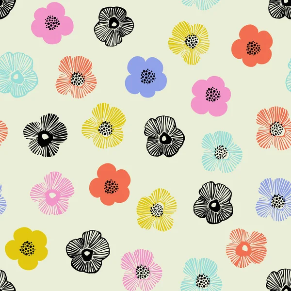 Abstrakte Einfache Blumen Drucken Bunte Gänseblümchen Blumen Und Gepunktete Doodle — Stockvektor