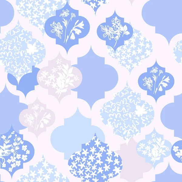抽象的な花 葉のシルエットとモロッコ幾何学的なシームレスなパターン パッチワークスタイルでブルーの花の背景 テキスタイル ファブリックデザインのための手描きベクトルイラスト — ストックベクタ