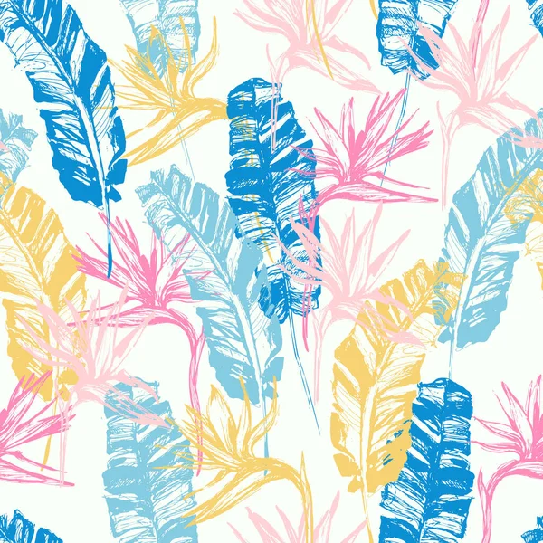 卷曲的热带树叶 花朵无缝的花纹 手绘抽象背景 香蕉叶 天堂鸟花纹 夏季设计的矢量艺术图解 — 图库矢量图片