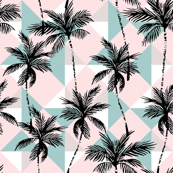 Abstrakte Kokospalmen Auf Geometrischem Rautenhintergrund Tropische Palmen Silhouetten Wiederholen Sich — Stockvektor