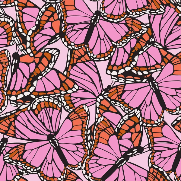 美丽的蝴蝶翅膀无缝图案 单色背景上华丽奇异的粉红色昆虫 手绘蝴蝶矢量画图 用于纺织品 印刷品设计 — 图库矢量图片