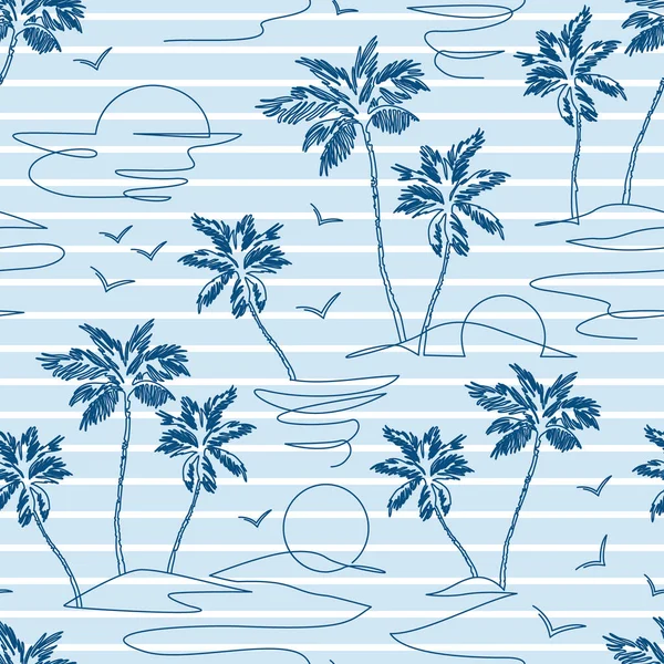 一条线画出热带绿洲岛无缝图案 在蓝色条纹背景上的风景 椰子树 鸟类连续艺术 最小印刷量的矢量说明 — 图库矢量图片