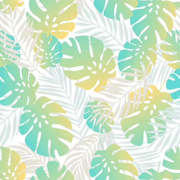 stock vector Exotic leaves background. Seamless tropical pattern. Colorful monstera plant, palm leaf silhouettes repeat. Vector art illustration for summer design, floral prints, wallpaper, textile, fabric