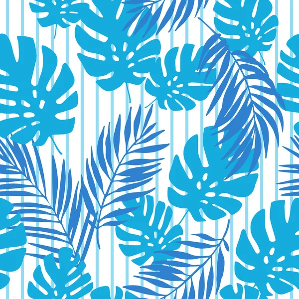 Синие Тропические Листья Полосатом Фоне Бесшовный Тропический Узор Монстерское Растение — стоковый вектор