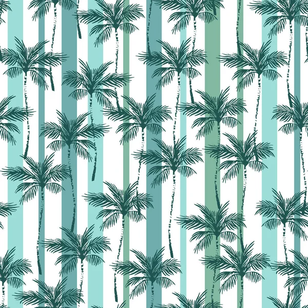 Abstracte Kokospalmen Een Gestreepte Achtergrond Naadloos Tropisch Patroon Palmboom Silhouetten — Stockvector