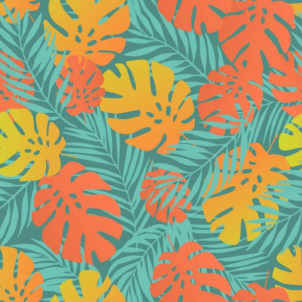 异国情调的背景无缝带的热带图案 五彩斑斓的月季植物 棕榈叶轮廓复现 夏季设计的矢量艺术图解 纺织品 — 图库矢量图片