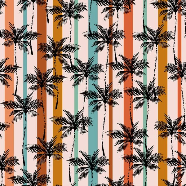 Abstracte Kokospalmen Een Gestreepte Achtergrond Naadloos Tropisch Patroon Palmboom Silhouetten — Stockvector