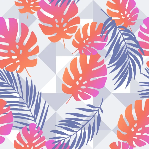 幾何学的な菱形の背景にエキゾチックな葉 シームレスな熱帯パターン モンステラ工場 ジオオーナメントのヤシの葉のシルエット 夏のデザインのためのベクトルアートイラスト 花のプリント — ストックベクタ