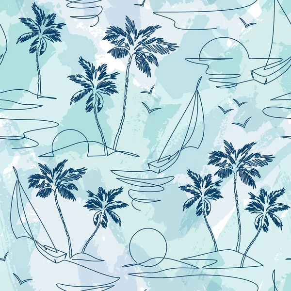 一条线画出热带绿洲岛无缝图案 椰子树 鸟类连续艺术的山水景观背景 用于最小印花织物的矢量插图 — 图库矢量图片