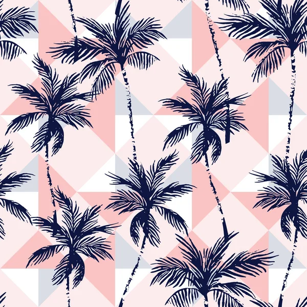 几何菱形背景下的椰子树 热带棕榈树的轮廓以复古风格再现 夏季设计 印刷品 异国情调墙纸 纺织品 织物的矢量艺术图解 — 图库矢量图片