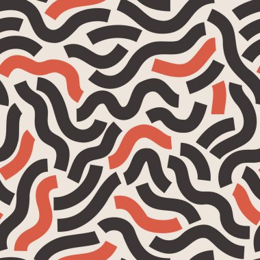 Siyah geometrik çizgiler kusursuz desen. Dalgalı kıvrımlı şekiller, doku arka planı. Soyut asgari çizgi karalaması. Duvar kağıdı tasarımı, kumaş, tekstil, kağıt ambalajı için vektör illüstrasyonu