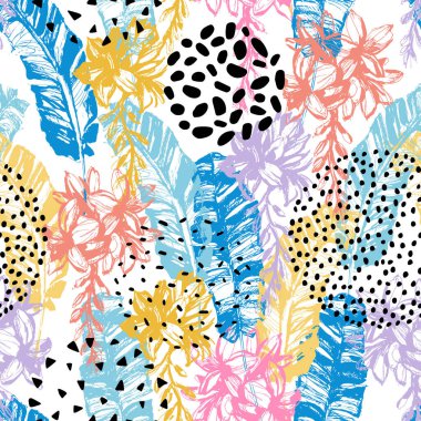 Grunge tropik yaprakları, çiçekler, noktalı daireler, pürüzsüz desenler. Tropik yapraklı vektör arkaplan, geometrik karalama dokusu. Yaz tasarımı için çiçek resimleri, çiçek desenleri, duvar kağıtları.