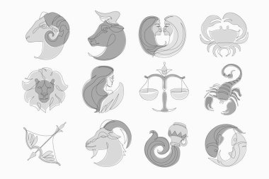 Astrolojik zodyak vektör illüstrasyonunu işaret eder. Burç sembolleri, simgeler seti: aries taurus gemini cancer leo virgo scorpio scorpio sagittarius capricorn aquarius fish. Astroloji logosu, takvim baskısı