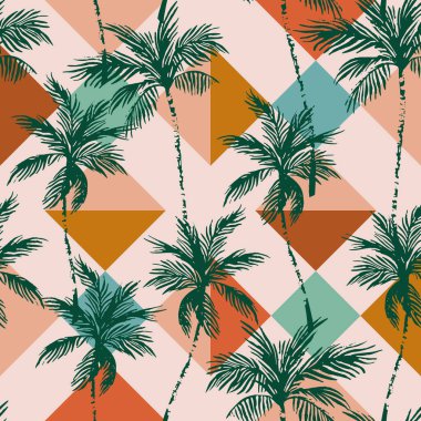 Geometrik eşkenar dörtgen üzerinde soyut hindistan cevizi ağaçları. Tropik palmiye ağaçlarının siluetleri eski usul tekrar eder. Yaz tasarımı, baskı, egzotik duvar kağıdı, tekstil, kumaş için vektör sanatı çizimi