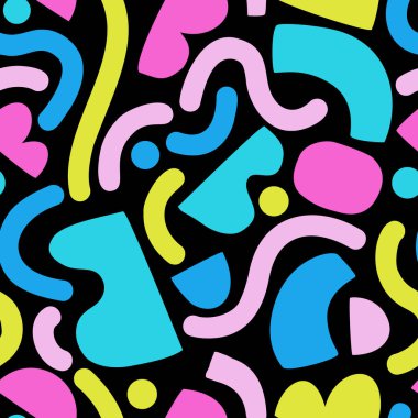 Pop sanatında, graffiti tarzında komik geometrik bir arka plan. Geometrik şekil, çizgiler, noktasız desen. Renkli minimal çizgi karalamaları. Duvar kağıdı tasarımı için kalın vektör illüstrasyonuName