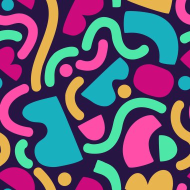 Pop sanatında, graffiti tarzında komik geometrik bir arka plan. Geometrik şekil, çizgiler, noktasız desen. Renkli minimal çizgi karalamaları. Duvar kağıdı tasarımı için kalın vektör illüstrasyonuName