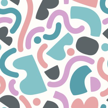 Pop sanatında, graffiti tarzında komik geometrik bir arka plan. Geometrik şekil, çizgiler, noktasız desen. Renkli minimal çizgi karalamaları. Duvar kağıdı tasarımı için coğrafi vektör çizimi, kumaş