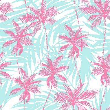 Abstract pink coconut trees on palm leaves background. Tropical palm trees, leaf silhouettes repeat. Vector art illustration for summer design, floral prints, exotic wallpaper, textile, fabric clipart