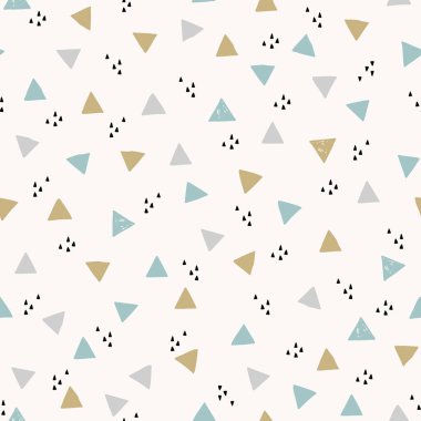 Yaratıcı grunge üçgenleri kusursuz desen. Soyut geometrik doku. Basit geometrik şekiller karalama duvar kağıdı. Çocuk tasarımı için el çizimi vektör çizimi, duvar dekorasyonu. Renkli mozaik arkaplanı