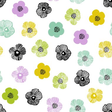 Soyut basit çiçek baskısı. Renkli papatya çiçekleri ve noktalı karalama dokusu arka planı. Moda tasarımı için son moda kolajlar, çiçek desenleri, bahar yaz duvar kağıtları.