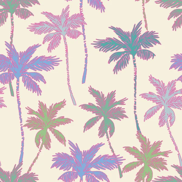 Bunte Lebendige Palmensilhouetten Umreißt Nahtlose Muster Abstrakte Handflächen Hintergrund Tropenparadies — Stockvektor
