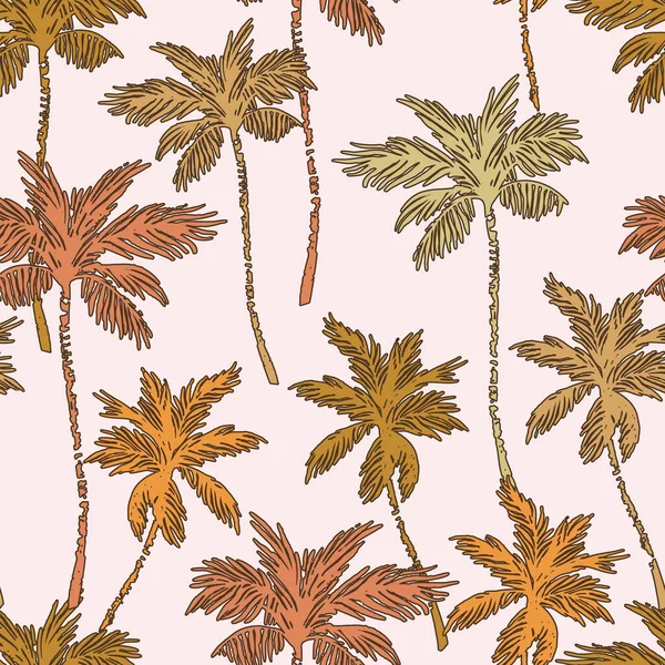 カラフルなヤシの木のシルエットは シームレスなパターンをアウトライン アブストラクトヤシの背景 熱帯の楽園の概念 夏のデザイン エキゾチックな壁紙 織物のためのベクトルアートイラスト — ストックベクタ