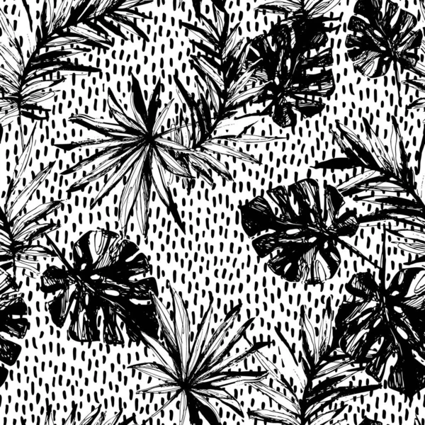 熱帯の葉を接ぎ木し シームレスなパターンをドット 手描きの抽象的なモンスター 手のひら ドアの背景に葉の質感のシルエット 夏のデザインのためのベクトルアートイラスト 花のプリント — ストックベクタ