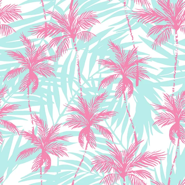 棕榈叶背上的粉红椰子树 热带棕榈树 叶型轮廓重复 夏季设计的矢量艺术图解 花卉印刷品 异国情调墙纸 纺织品 — 图库矢量图片