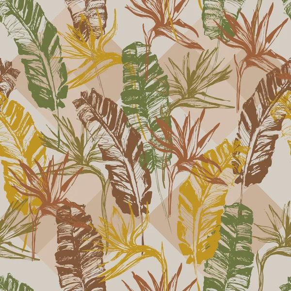 Grunge Tropische Blätter Blumen Auf Geometrischem Rautenhintergrund Handgezeichneter Abstrakter Hintergrund — Stockvektor