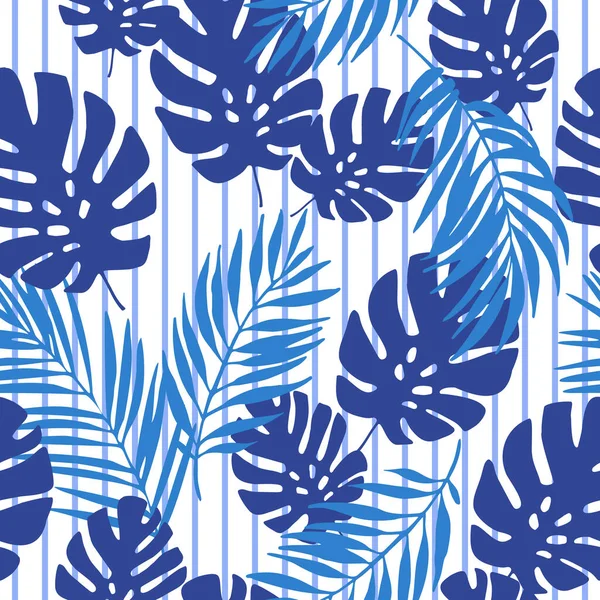 海军蓝色热带叶条纹背景 无缝带的热带图案 扁豆植物 棕榈叶轮廓 夏季设计的矢量艺术图解 — 图库矢量图片