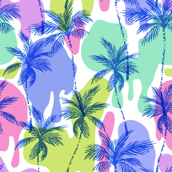 抽象椰子树的滑稽滴滴斑点背景在流行艺术 涂鸦风格 热带棕榈树轮廓上的涂料滴 滴落无缝图案 壁纸设计的矢量图解 — 图库矢量图片