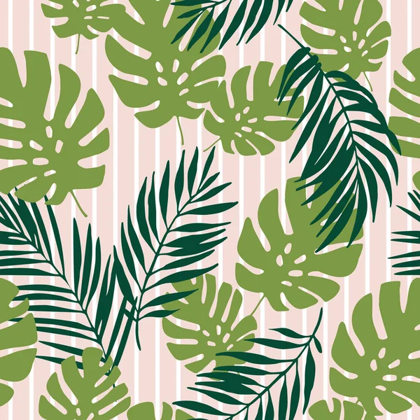 縞模様の背景に緑の熱帯の葉 シームレスな熱帯パターン モンスター植物 ヤシの葉のシルエット ライン ストライプ 夏のデザインのためのベクトルアートイラスト 花のプリント — ストックベクタ