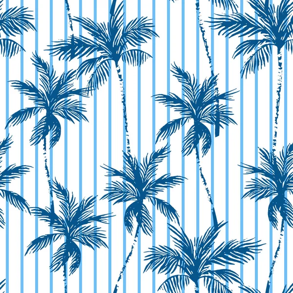 縞模様の背景にネイビーブルーのヤシの木 シームレスな熱帯パターン ヤシの木のシルエットラインストライプ 夏のデザインのためのベクトルアートイラスト 花のプリント — ストックベクタ