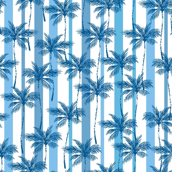 Marineblaue Kokospalmen Auf Gestreiftem Hintergrund Nahtloses Tropisches Muster Palmensilhouetten Linien — Stockvektor
