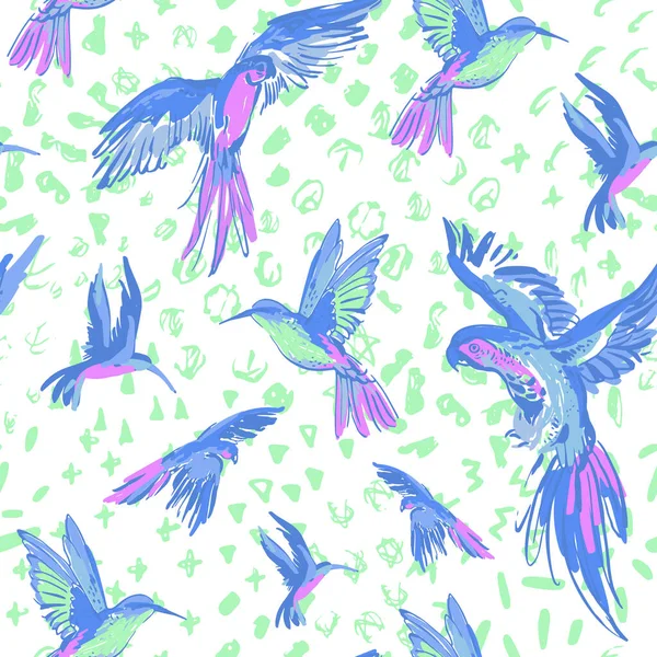 Kreatywny Grunge Latające Papugi Bazgroły Bezszwowy Wzór Ptaki Tropikalne Abstrakcyjnych — Wektor stockowy