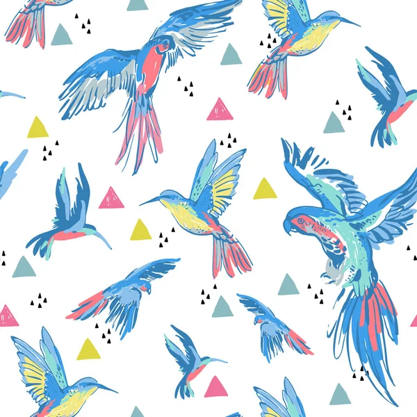 Kreatív Grunge Repülő Papagájok Háromszögek Zökkenőmentes Mintát Trópusi Madarak Absztrakt — Stock Vector