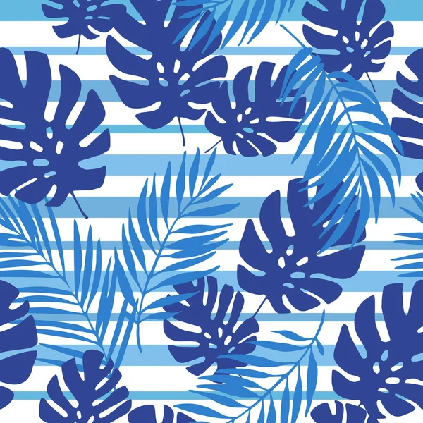 Синие Тропические Листья Полосатом Фоне Бесшовный Тропический Узор Монстерское Растение — стоковый вектор