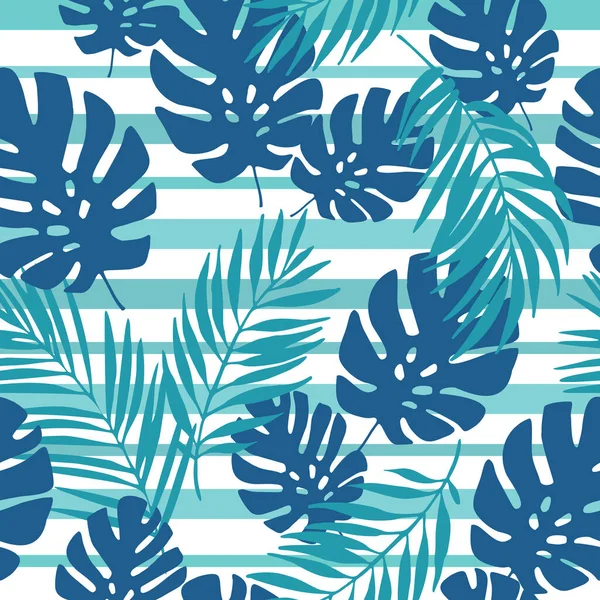 海军蓝色热带叶条纹背景 无缝带的热带图案 扁豆植物 棕榈叶轮廓 夏季设计的矢量艺术图解 — 图库矢量图片