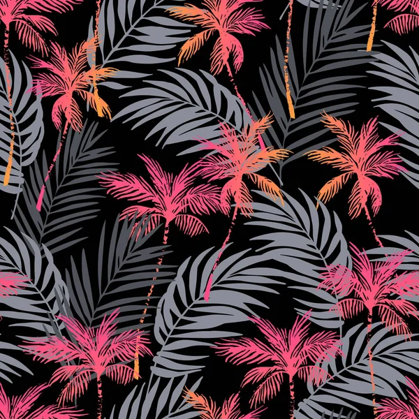 Abstract Neon Kokosbomen Grijze Palmbladeren Achtergrond Tropische Palmbomen Blad Silhouetten — Stockvector