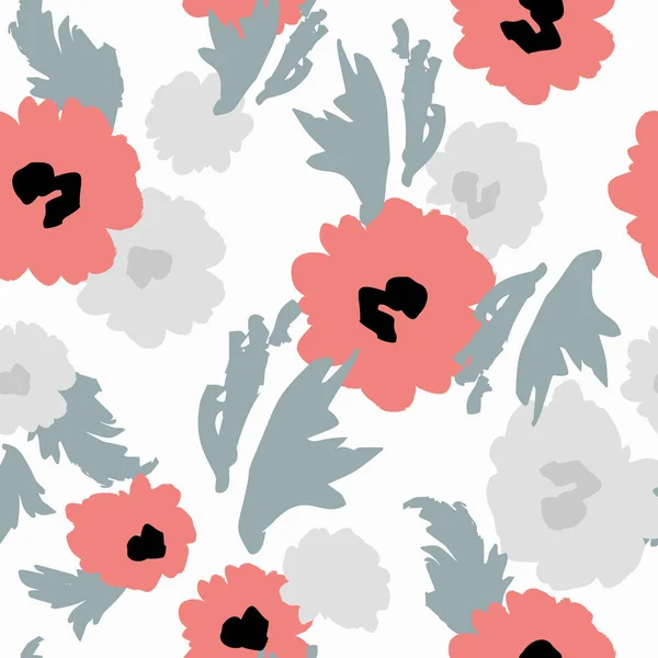 现代抽象罂粟花和叶子无缝模式 粗糙的 粗糙的 有纹理的花的背景 植物学草图重复 矢量插图或纺织品 印刷品和网页设计 — 图库矢量图片