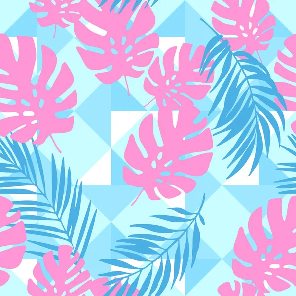 异型叶子在几何菱形背景上 无缝带的热带图案 月季植物 棕榈叶轮廓上的地理装饰 夏季设计的矢量艺术图解 — 图库矢量图片