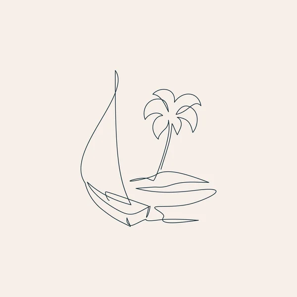 오아시스 그리는 코코넛 야자수 요트와 더불어 탁트인 최소한의 포스터 템플릿 — 스톡 벡터
