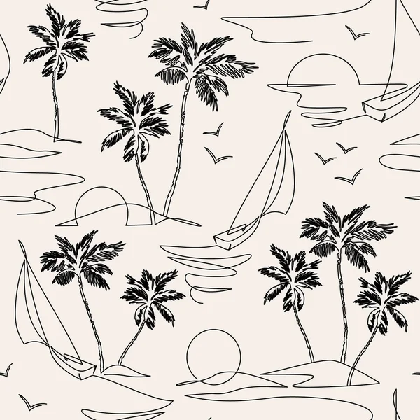 Одна Линия Рисует Безшовный Тропический Оазис Острова Абстрактный Ландшафтный Фон — стоковый вектор