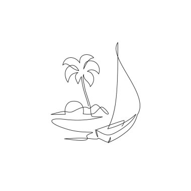 Tropikal vaha adası konseptini çizen bir çizgi. Dağlarla, denizle, hindistan cevizi palmiyesiyle, yatla soyut manzara devam ediyor. Asgari poster, şablon, ev dekoru baskısı için vektör illüstrasyonu