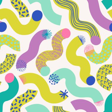 Renkli geometrik çizgiler, çiziksiz desenler. Dalgalı kıvrımlı şekiller, doku arka planı. Soyut asgari çizgi karalaması. Duvar kağıdı tasarımı, kumaşı, kağıt ambalajı için vektör illüstrasyonu