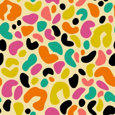 Animal skin print in rainbow colors, 90s style. Colorful leopard spot seamless pattern design. Abstract blob, rosettes texture. Bold summer vector illustration for surface wrapping, fun fabric design