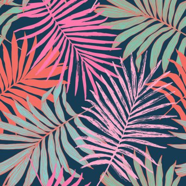 Renkli tropikal yapraklar pürüzsüz. Yaz palmiyesi arka planı. El çizimi tropik evler, siluetler, çizimler, eskizler. Çiçek baskıları, duvar kağıdı, tekstil, kumaş tasarımı için vektör sanatı çizimi