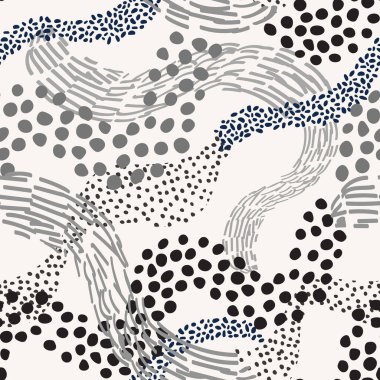 Noktalı, çizgili, yarım tonlu, dikişsiz desenli soyut çizgiler. El çizimi tuhaf organik çizgiler ve çizgili arka plan. Çocuk çizgi filminde tek renkli dalgalı kıvrımlar. Vektör sanatı illüstrasyonu