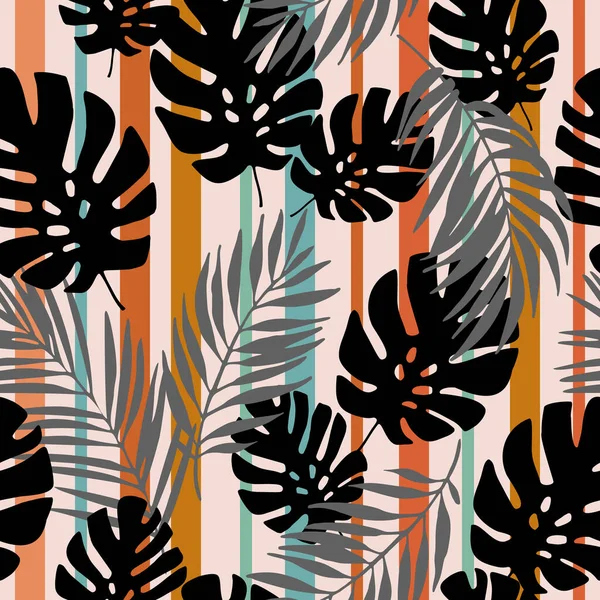 Абстрактные Тропические Листья Полосатом Фоне Бесшовный Тропический Узор Монстерское Растение — стоковый вектор